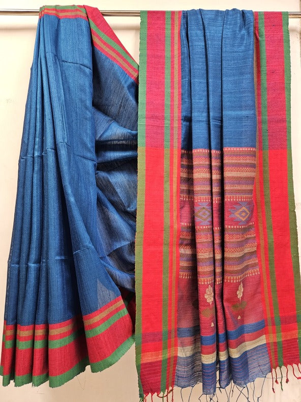 Blue and Red Handloom Matka Silk Saree by Balaram Saha - (handloom saree, cotton saree, handloom cotton saree, balaram saha online, handloom sarees, cotton handloom saree,  matka, matka sale, matka silk, matka silk sarees, matka silk saree, pure matka silk sarees, bengali silk saree)  https://youradchoices.com/