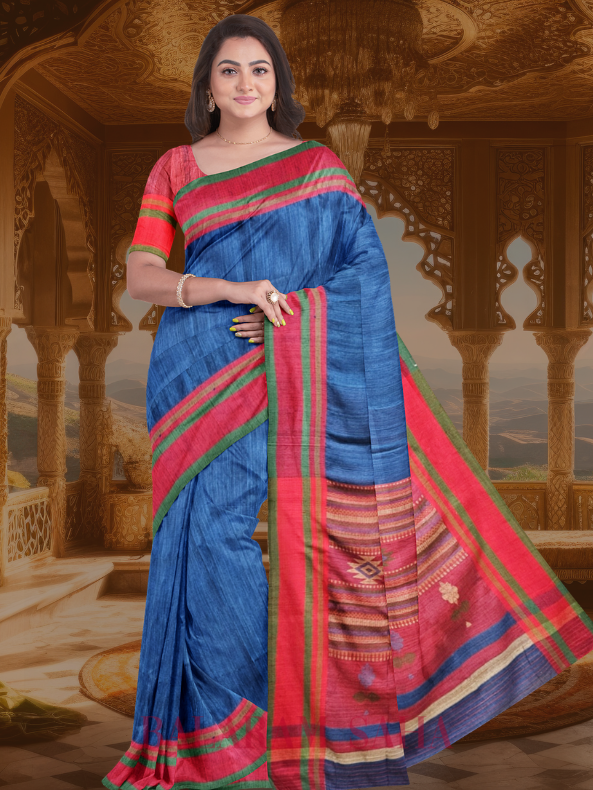 Blue and Red Handloom Matka Silk Saree by Balaram Saha - (handloom saree, cotton saree, handloom cotton saree, balaram saha online, handloom sarees, cotton handloom saree,  matka, matka sale, matka silk, matka silk sarees, matka silk saree, pure matka silk sarees, bengali silk saree)   https://in.pinterest.com/