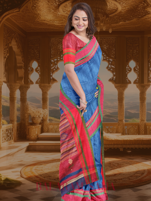 Blue and Red Handloom Matka Silk Saree by Balaram Saha - (handloom saree, cotton saree, handloom cotton saree, balaram saha online, handloom sarees, cotton handloom saree,  matka, matka sale, matka silk, matka silk sarees, matka silk saree, pure matka silk sarees, bengali silk saree)   https://time.com/