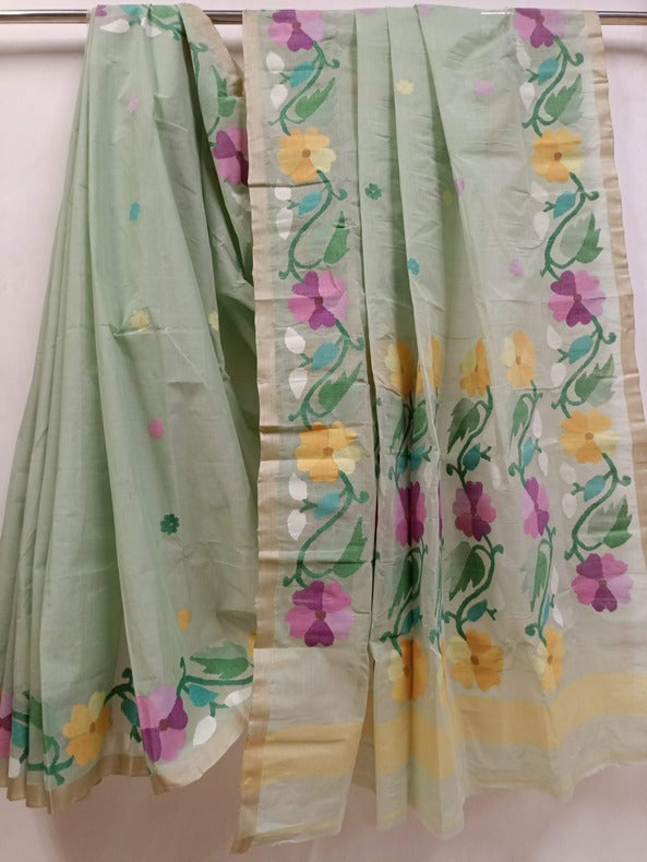 Light Green Handloom Handwoven Cotton Jamdani Saree Balaram Saha
