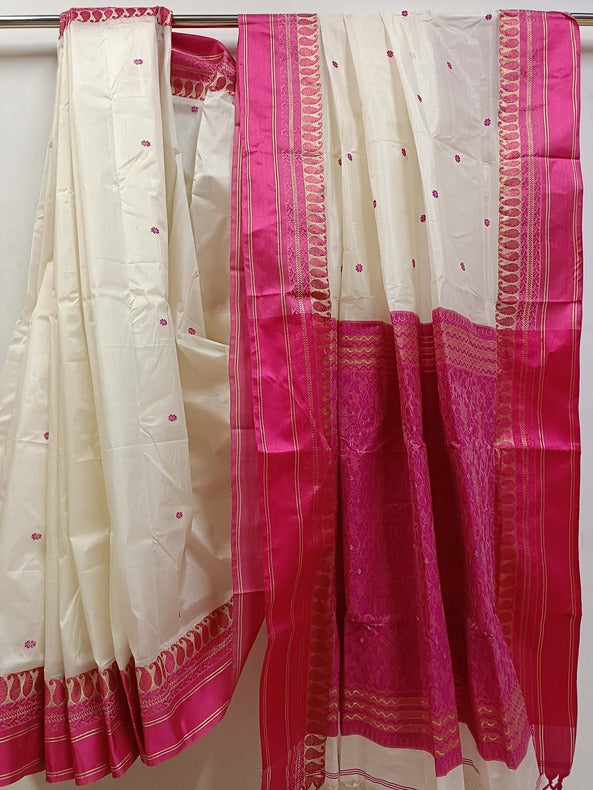 White & Red Handloom Traditional Gard Silk Saree Balaram Saha