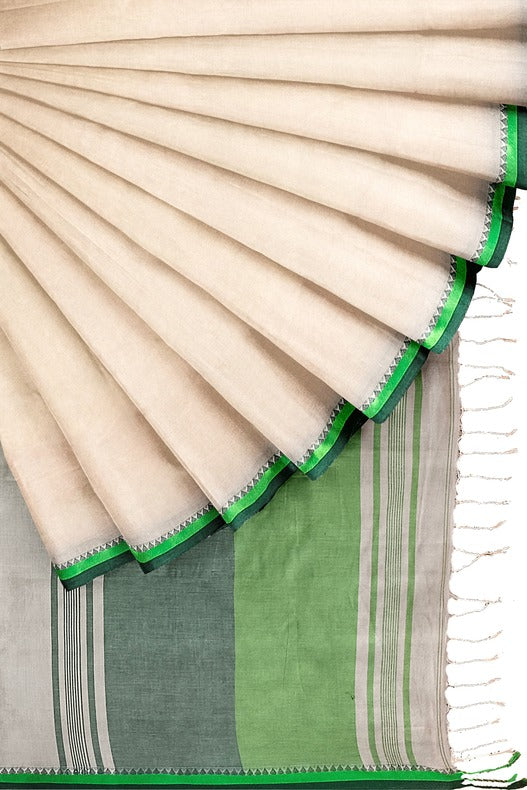 Premium Quality Off-White Handloom Cotton Saree with Satin Contrast Border Balaram Saha