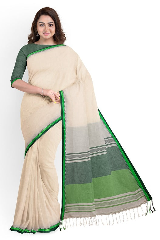 Premium Quality Off-White Handloom Cotton Saree with Satin Contrast Border Balaram Saha