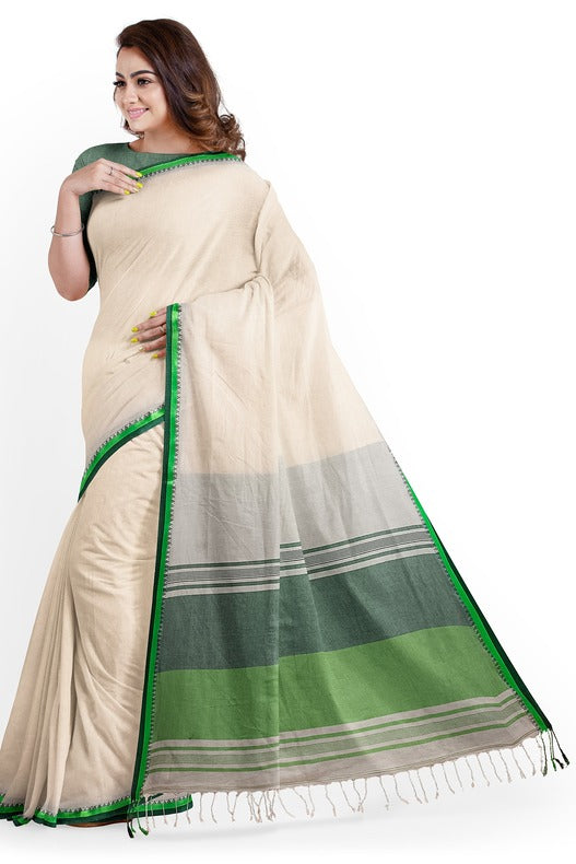 Premium Quality Off-White Handloom Cotton Saree with Satin Contrast Border Balaram Saha