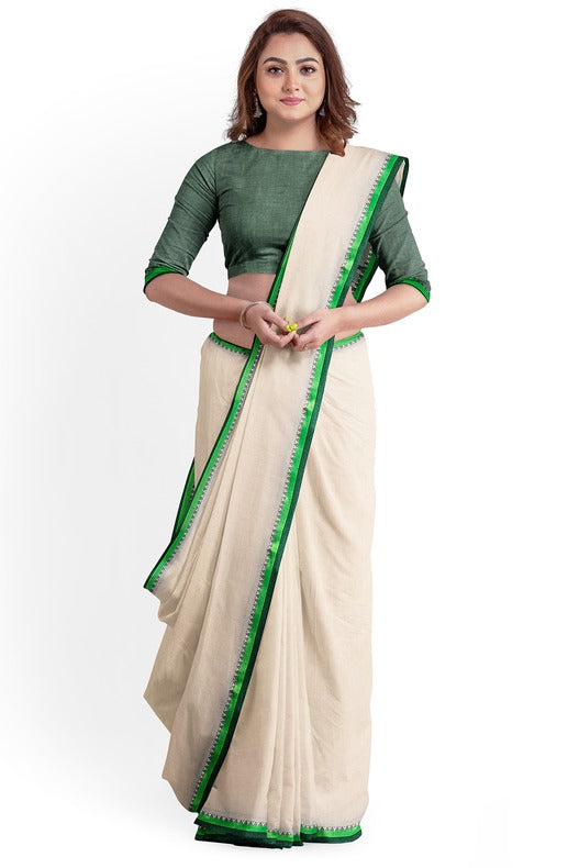 Premium Quality Off-White Handloom Cotton Saree with Satin Contrast Border Balaram Saha