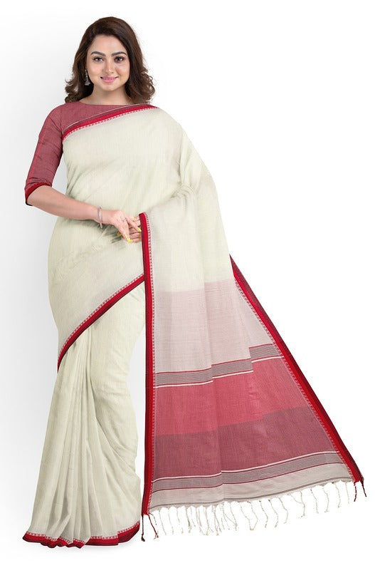 Premium Quality Off-White Handloom Cotton Saree with Satin Contrast Border Balaram Saha