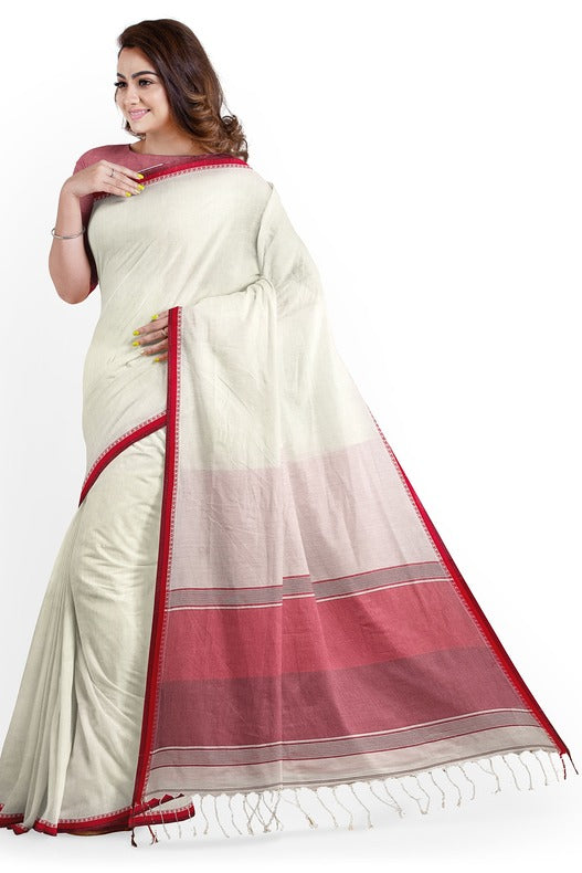 Premium Quality Off-White Handloom Cotton Saree with Satin Contrast Border Balaram Saha