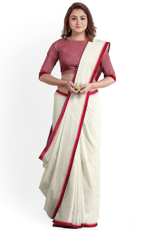 Premium Quality Off-White Handloom Cotton Saree with Satin Contrast Border Balaram Saha