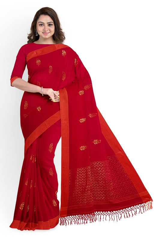 Red and Orange Soft Handloom Cotton Saree Balaram Saha