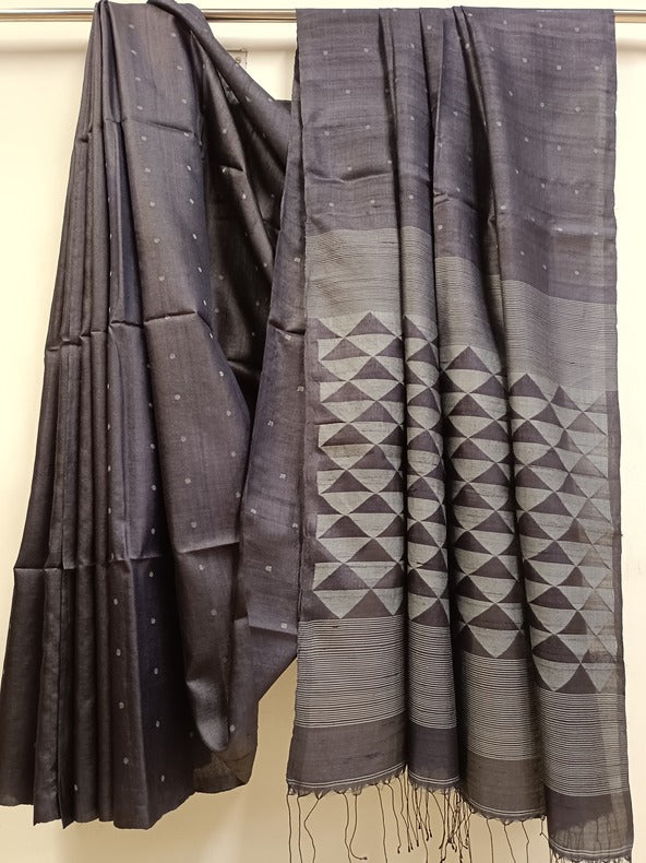 Charcoal Black & Grey Handloom Tussar Silk Jamdani Saree Balaram Saha