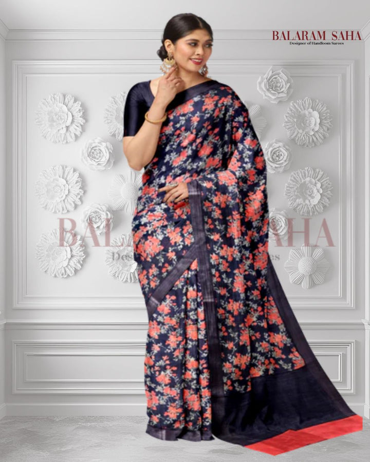 Balaram Saha: Charcoal Black Mulberry Silk - (silk saree, handloom silk saree, balaram saha online, silk sarees, pure silk, Mulberry silk saree, silk saree online, bengali silk saree, soft silk sarees, saree silk saree, pure silk saree, silk sarees for wedding, silk saree collection, Mulberry silk)