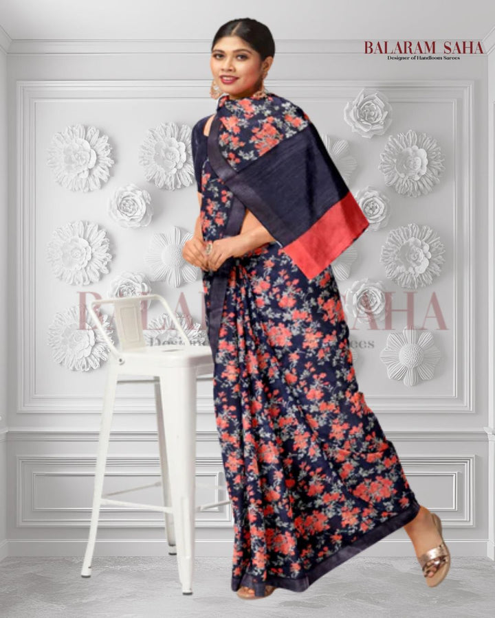 Balaram Saha: Charcoal Black Mulberry Silk - (silk saree, handloom silk saree, balaram saha online, silk sarees, pure silk, Mulberry silk saree, silk saree online, bengali silk saree, soft silk sarees, saree silk saree, pure silk saree, silk sarees for wedding, silk saree collection, Mulberry silk)