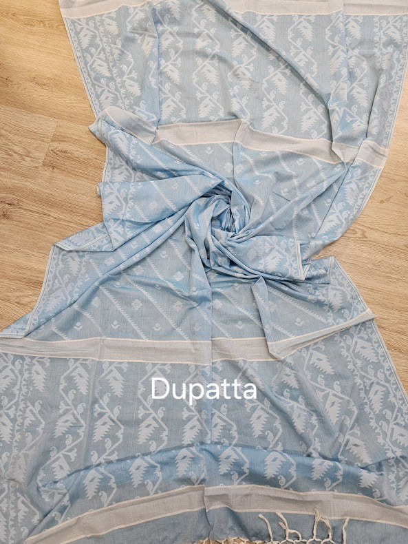 Cool & Comfortable Blue Cotton 2 Piece Jamdani Kurta & Dupatta Set