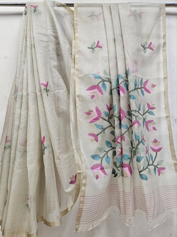 Cream Color Handwoven Muslin Silk Jamdani Saree Balaram Saha