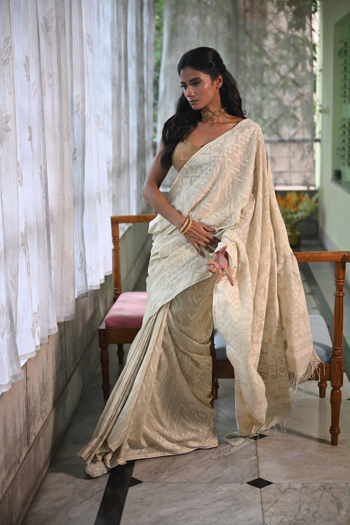Cream Handspun Cotton Jamdani Saree with White & Dull Gold Traditional & Geometric Motifs Balaram Saha