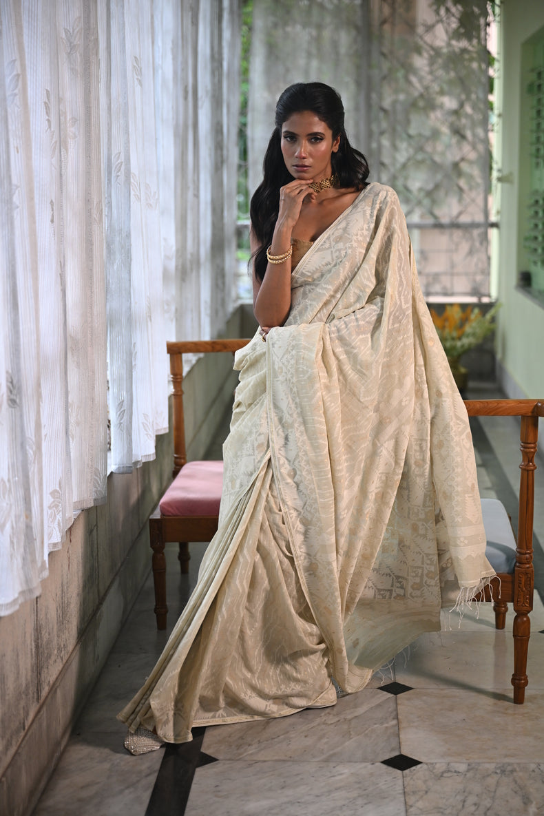 Cream Handspun Cotton Jamdani Saree with White & Dull Gold Traditional & Geometric Motifs Balaram Saha