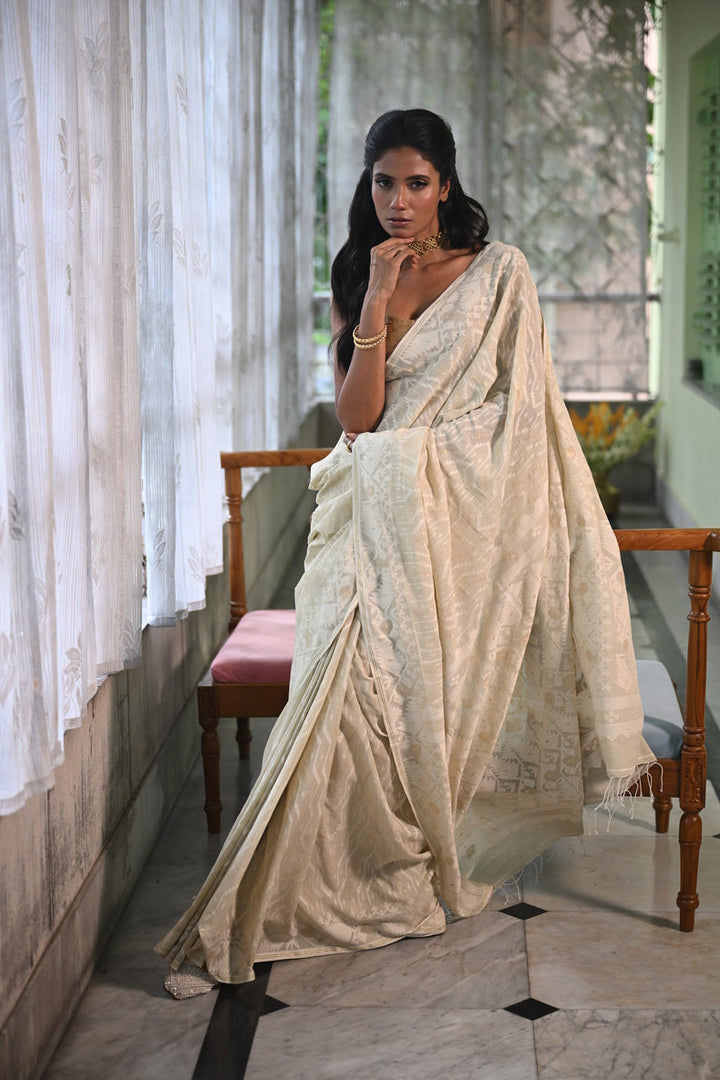 Cream Handspun Cotton Jamdani Saree with White & Dull Gold Traditional & Geometric Motifs Balaram Saha