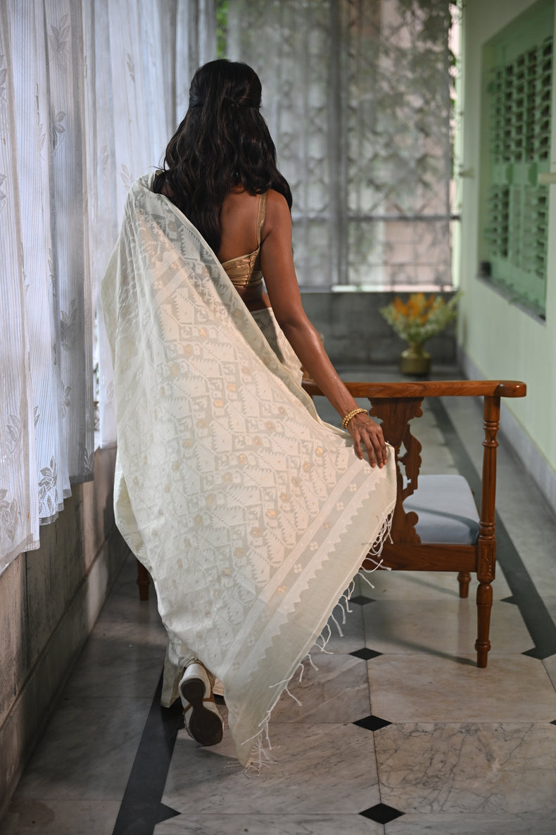 Cream Handspun Cotton Jamdani Saree with White & Dull Gold Traditional & Geometric Motifs Balaram Saha