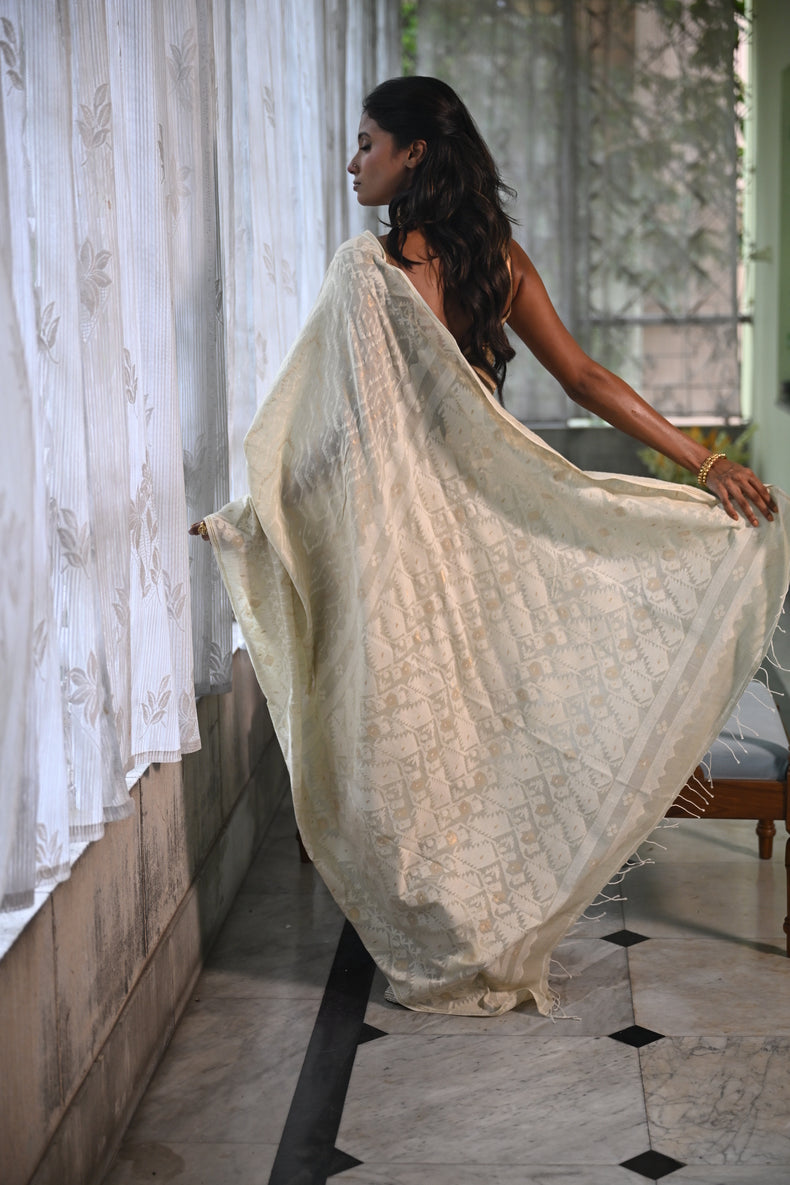 Cream Handspun Cotton Jamdani Saree with White & Dull Gold Traditional & Geometric Motifs Balaram Saha