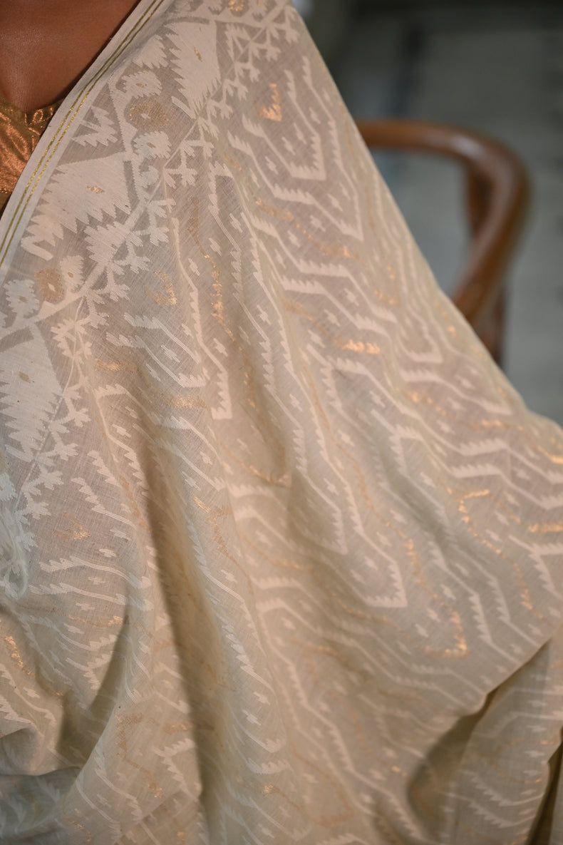 Cream Handspun Cotton Jamdani Saree with White & Dull Gold Traditional & Geometric Motifs Balaram Saha