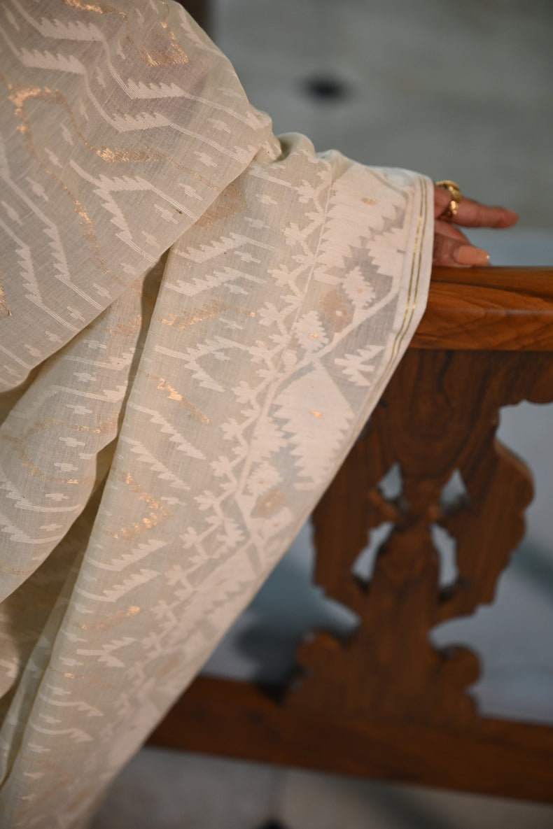 Cream Handspun Cotton Jamdani Saree with White & Dull Gold Traditional & Geometric Motifs Balaram Saha