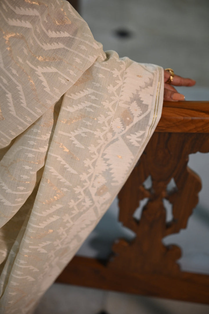 Cream Handspun Cotton Jamdani Saree with White & Dull Gold Traditional & Geometric Motifs Balaram Saha