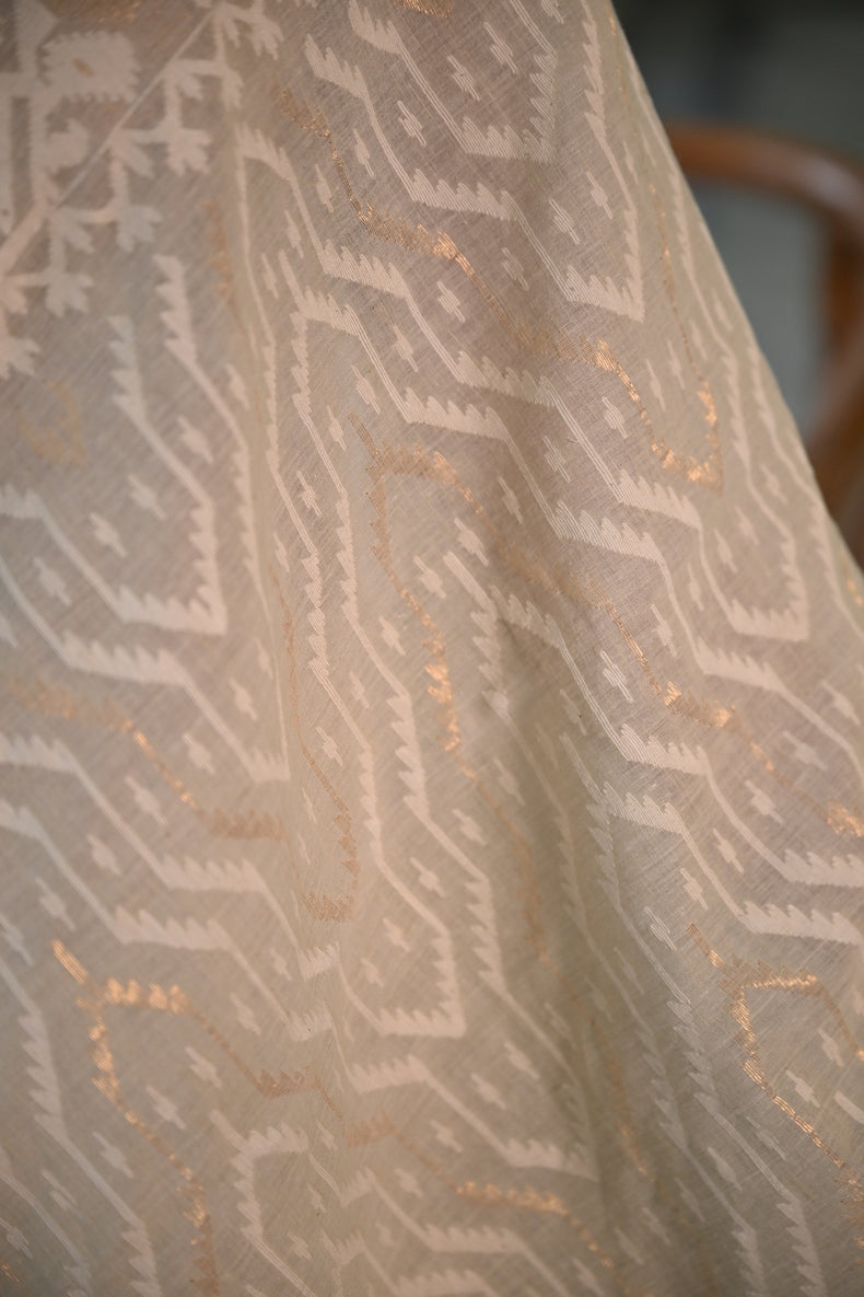 Cream Handspun Cotton Jamdani Saree with White & Dull Gold Traditional & Geometric Motifs Balaram Saha