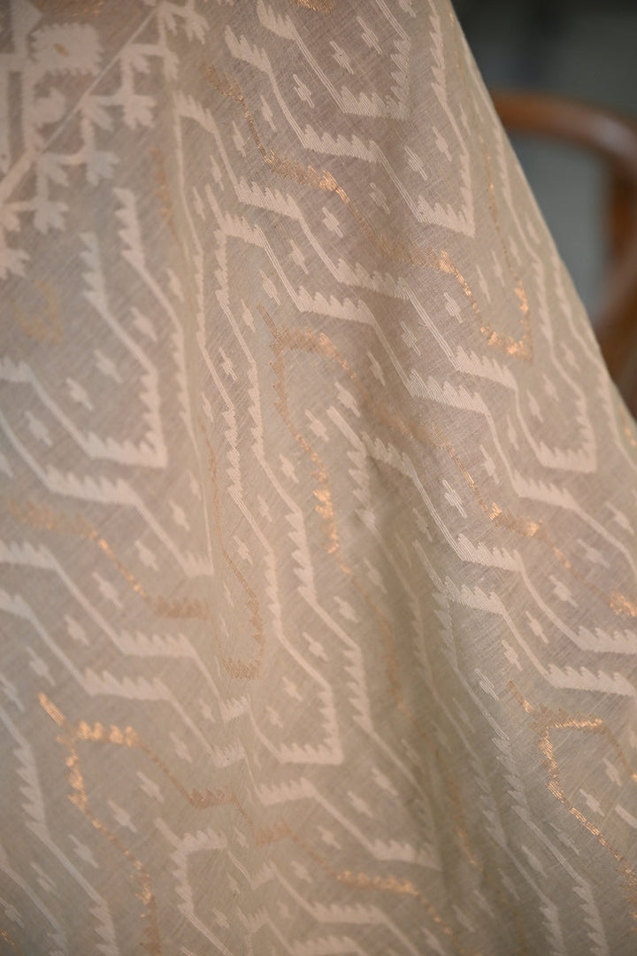 Cream Handspun Cotton Jamdani Saree with White & Dull Gold Traditional & Geometric Motifs Balaram Saha