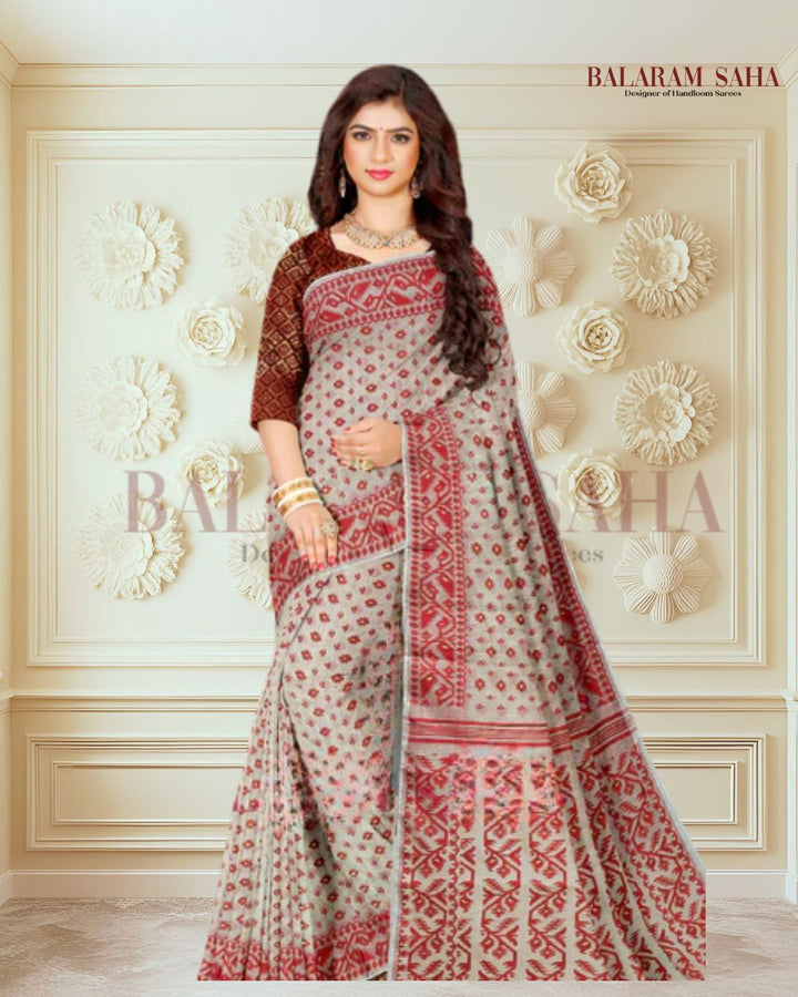 Cream & Beige Handloom Soft Jacquard Jamdani Weave Saree - (handloom saree, jamdani saree, jamdani sarees, cotton jamdani saree, jamdani cotton saree handloom cotton saree, balaram saha online, jamdani saree online, soft jamdani saree)  https://as.com/