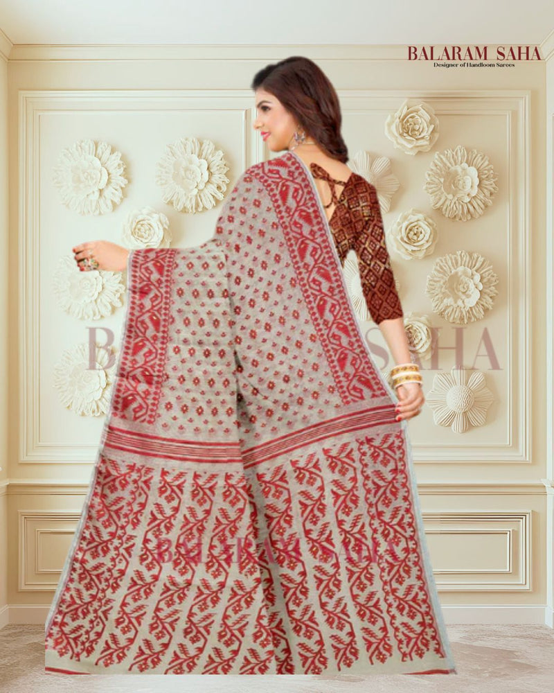 Cream & Beige Handloom Soft Jacquard Jamdani Weave Saree - (handloom saree, jamdani saree, jamdani sarees, cotton jamdani saree, jamdani cotton saree handloom cotton saree, balaram saha online, jamdani saree online, soft jamdani saree)  https://as.com/