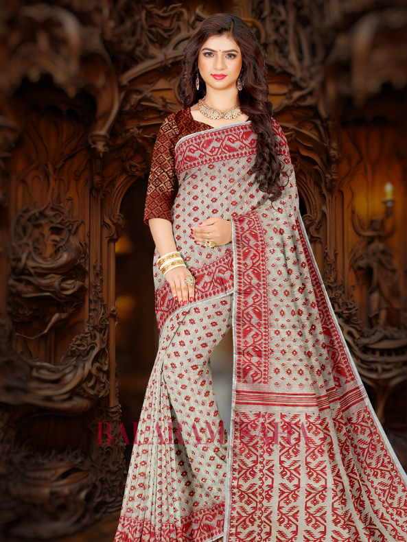 Cream & Beige Handloom Soft Jacquard Jamdani Weave Saree - (handloom saree, jamdani saree, jamdani sarees, cotton jamdani saree, jamdani cotton saree handloom cotton saree, balaram saha online, jamdani saree online, soft jamdani saree)  https://as.com/