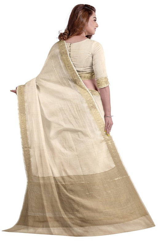 Cream & Gold Soft Handloom Silk Saree With Woven Zari Border by Balaram Saha - (handloom saree, Zari border, silk saree, handloom silk saree, balaram saha online, silk sarees, silk handloom saree, bengal handloom sarees, pure silk, silk saree online, bengali silk saree)  https://en.wikipedia.org/wiki/Main_Page