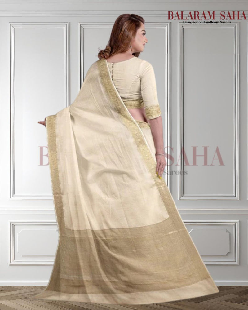 Cream & Gold Soft Handloom Silk Saree With Woven Zari Border by Balaram Saha - (handloom saree, Zari border, silk saree, handloom silk saree, balaram saha online, silk sarees, silk handloom saree, bengal handloom sarees, pure silk, silk saree online, bengali silk saree)  https://en.wikipedia.org/wiki/Main_Page