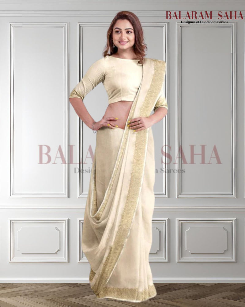 Cream & Gold Soft Handloom Silk Saree With Woven Zari Border by Balaram Saha - (handloom saree, Zari border, silk saree, handloom silk saree, balaram saha online, silk sarees, silk handloom saree, bengal handloom sarees, pure silk, silk saree online, bengali silk saree)  https://www.cloudflare.com/