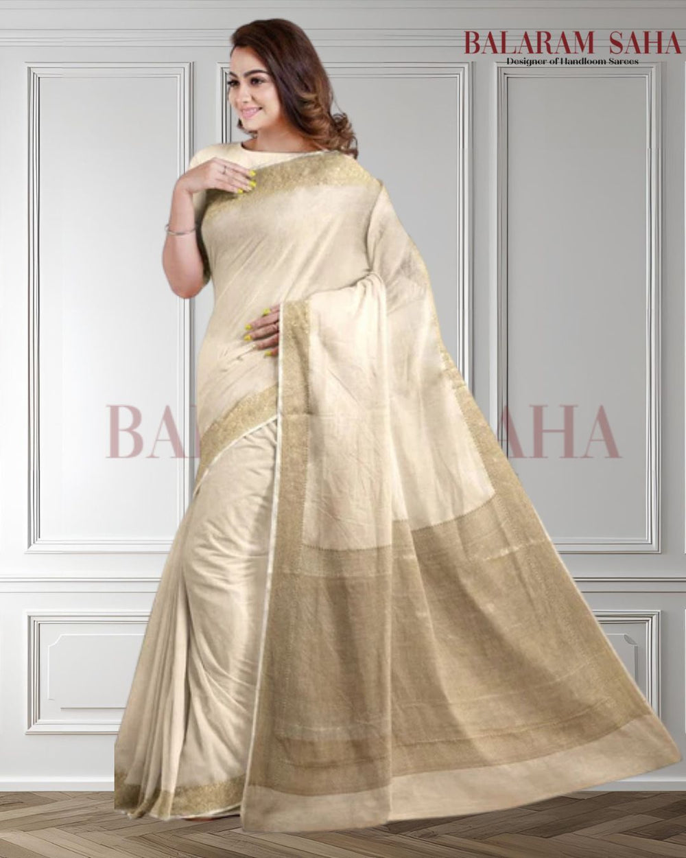 Cream & Gold Soft Handloom Silk Saree With Woven Zari Border by Balaram Saha - (handloom saree, Zari border, silk saree, handloom silk saree, balaram saha online, silk sarees, silk handloom saree, bengal handloom sarees, pure silk, silk saree online, bengali silk saree)  https://wordpress.org/