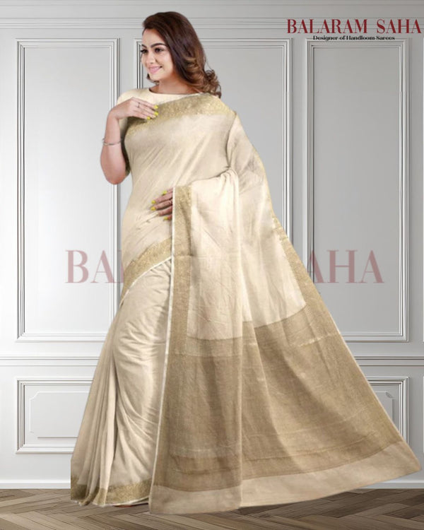 Cream & Gold Soft Handloom Silk Saree With Woven Zari Border by Balaram Saha - (handloom saree, Zari border, silk saree, handloom silk saree, balaram saha online, silk sarees, silk handloom saree, bengal handloom sarees, pure silk, silk saree online, bengali silk saree)  https://wordpress.org/