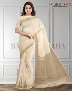 Cream & Gold Soft Handloom Silk Saree With Woven Zari Border by Balaram Saha - (handloom saree, Zari border, silk saree, handloom silk saree, balaram saha online, silk sarees, silk handloom saree, bengal handloom sarees, pure silk, silk saree online, bengali silk saree)  https://www.blogger.com/about/?bpli=1
