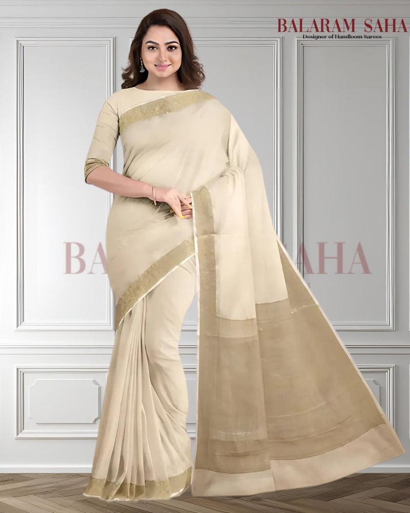 Cream & Gold Soft Handloom Silk Saree With Woven Zari Border by Balaram Saha - (handloom saree, Zari border, silk saree, handloom silk saree, balaram saha online, silk sarees, silk handloom saree, bengal handloom sarees, pure silk, silk saree online, bengali silk saree)  https://www.blogger.com/about/?bpli=1