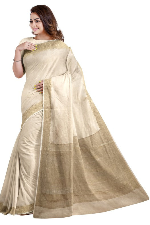 Cream & Gold Soft Handloom Silk Saree With Woven Zari Border by Balaram Saha - (handloom saree, Zari border, silk saree, handloom silk saree, balaram saha online, silk sarees, silk handloom saree, bengal handloom sarees, pure silk, silk saree online, bengali silk saree)  https://wordpress.org/