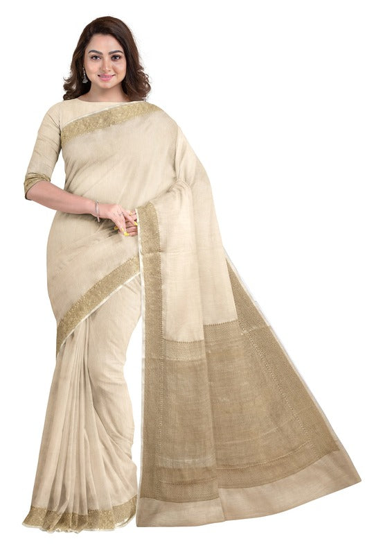 Cream & Gold Soft Handloom Silk Saree With Woven Zari Border by Balaram Saha - (handloom saree, Zari border, silk saree, handloom silk saree, balaram saha online, silk sarees, silk handloom saree, bengal handloom sarees, pure silk, silk saree online, bengali silk saree)  https://www.blogger.com/about/?bpli=1