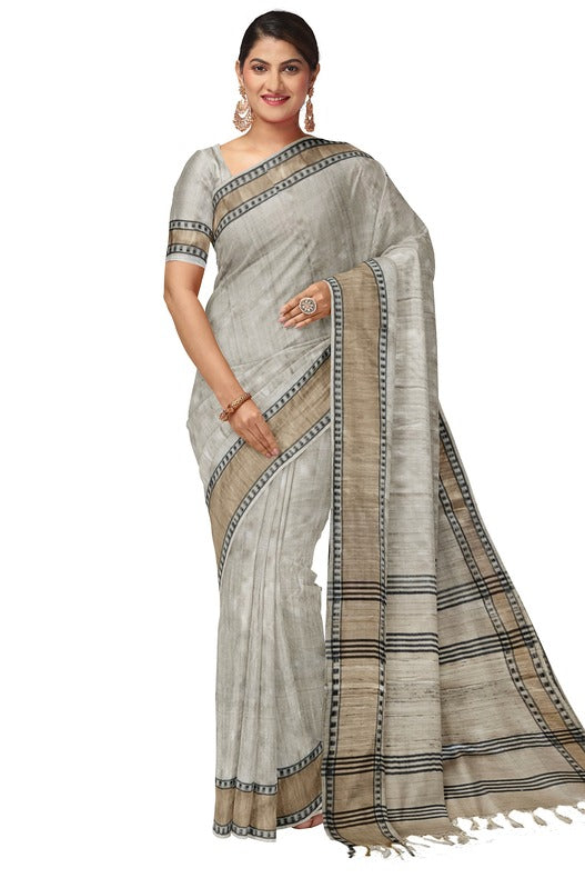 Cream Handloom Tussar Silk Saree with Gold Zari & Black Border by Balaram Saha - (handloom saree, silk saree, handloom silk saree, balaram saha online, silk sarees, silk handloom saree, bengal handloom sarees, pure silk, tussar silk saree, pure tussar silk sarees, tussar silk sarees, silk saree online)   https://www.surveymonkey.com/