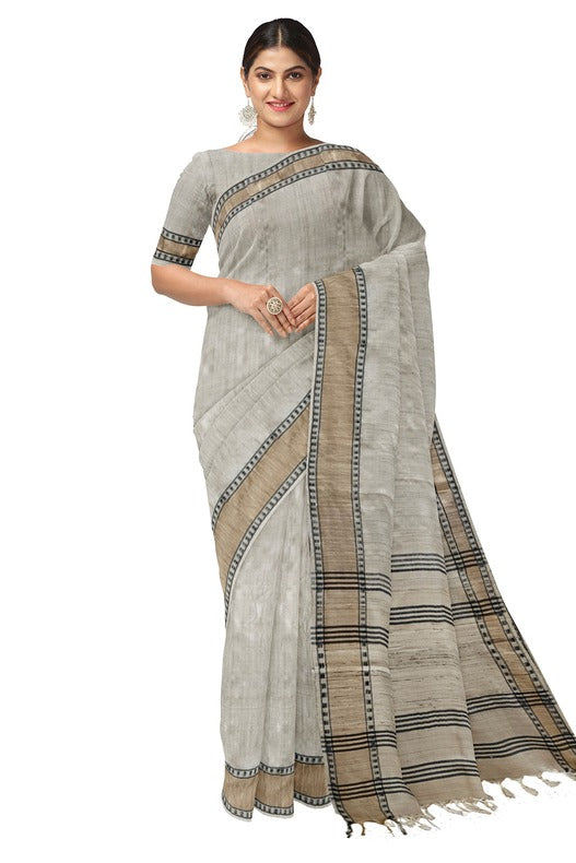 Cream Handloom Tussar Silk Saree with Gold Zari & Black Border by Balaram Saha - (handloom saree, silk saree, handloom silk saree, balaram saha online, silk sarees, silk handloom saree, bengal handloom sarees, pure silk, tussar silk saree, pure tussar silk sarees, tussar silk sarees, silk saree online)     https://www.hindustantimes.com/