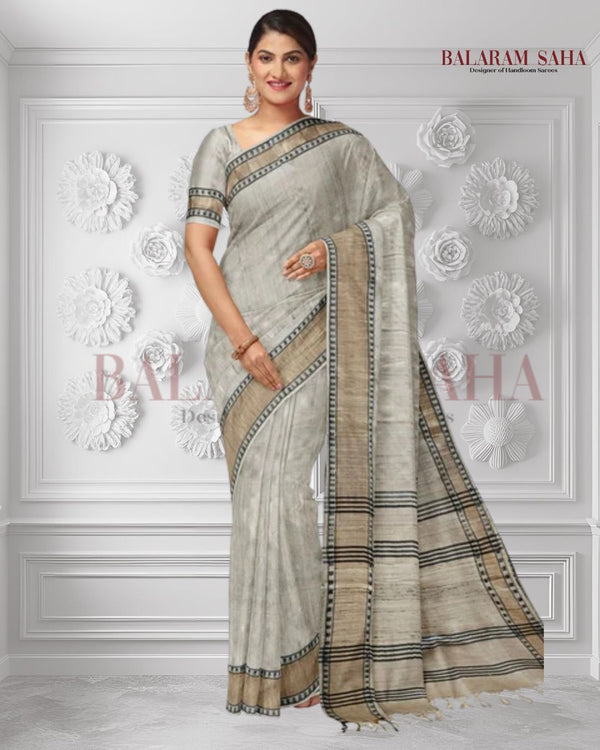 Cream Handloom Tussar Silk Saree with Gold Zari & Black Border by Balaram Saha - (handloom saree, silk saree, handloom silk saree, balaram saha online, silk sarees, silk handloom saree, bengal handloom sarees, pure silk, tussar silk saree, pure tussar silk sarees, tussar silk sarees, silk saree online)   https://www.surveymonkey.com/