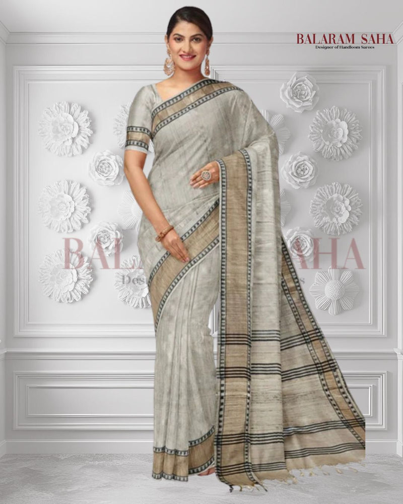 Cream Handloom Tussar Silk Saree with Gold Zari & Black Border by Balaram Saha - (handloom saree, silk saree, handloom silk saree, balaram saha online, silk sarees, silk handloom saree, bengal handloom sarees, pure silk, tussar silk saree, pure tussar silk sarees, tussar silk sarees, silk saree online)   https://www.surveymonkey.com/