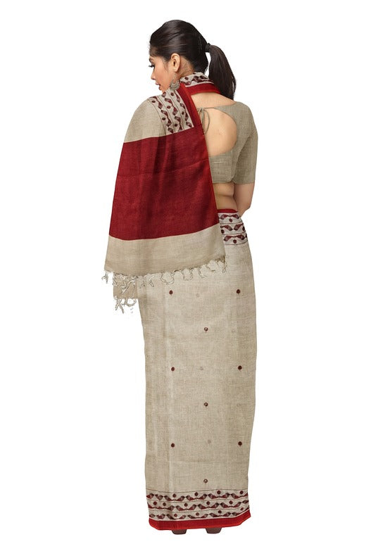 Cream & Red Premium Handloom Printed Linen Saree Balaram Saha