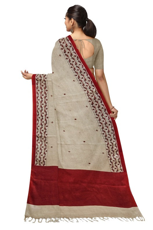 Cream & Red Premium Handloom Printed Linen Saree Balaram Saha