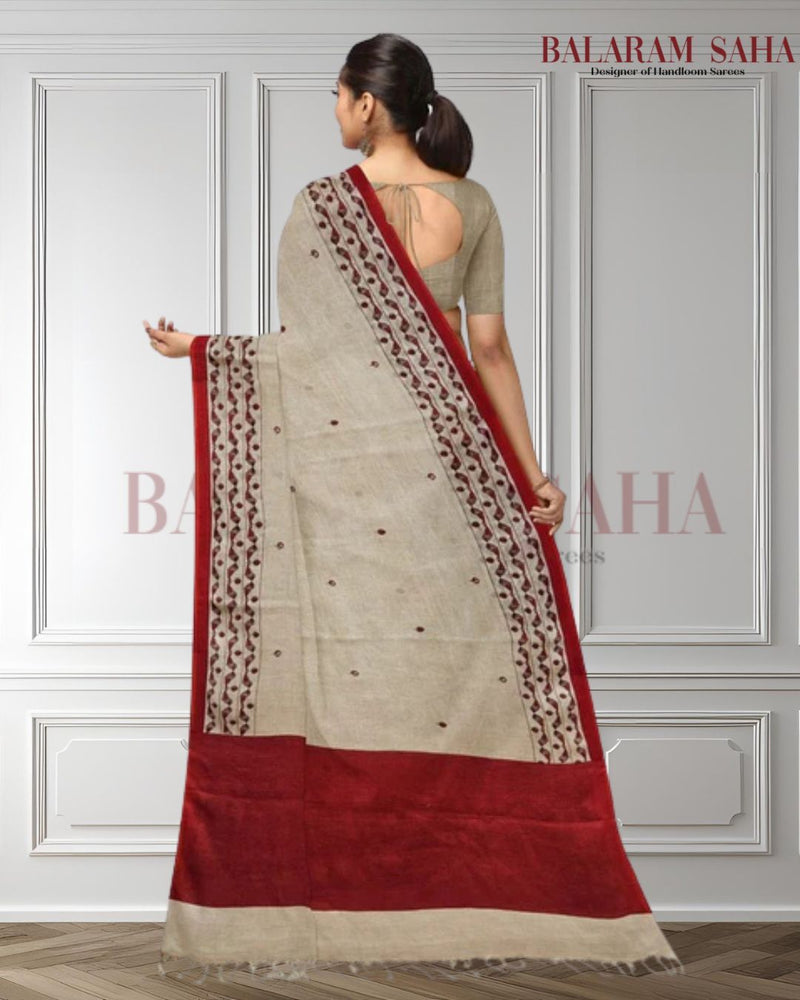 Cream & Red Premium Handloom Printed Linen Saree Balaram Saha