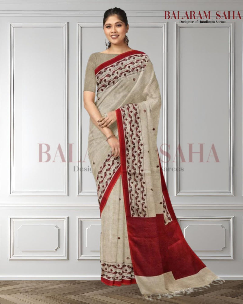 Cream & Red Premium Handloom Printed Linen Saree Balaram Saha https://www.forbes.com/