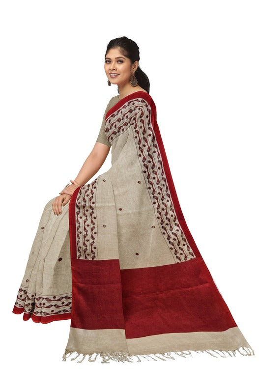 Cream & Red Premium Handloom Printed Linen Saree Balaram Saha  https://www.mirror.co.uk/