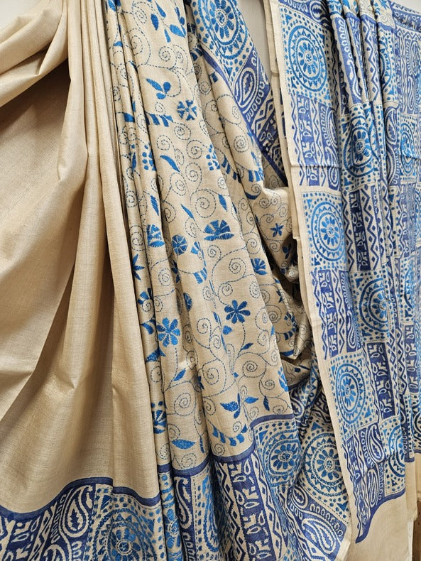 Balaram Saha: Exquisite Craftsmanship - Pure Handloom Katan Silk Handstitch Kantha Saree Balaram Saha